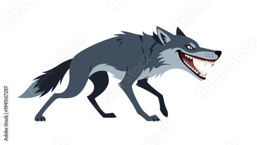 Grey wolf character with a mean expression walks forward while baring its sharp teeth, depicting a predator in a classic cartoon style.