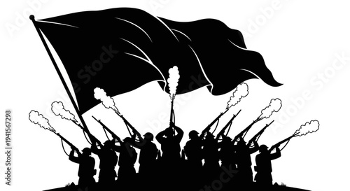 Revolutionary protest, black flag, torches, crowd silhouette, uprising, demonstration