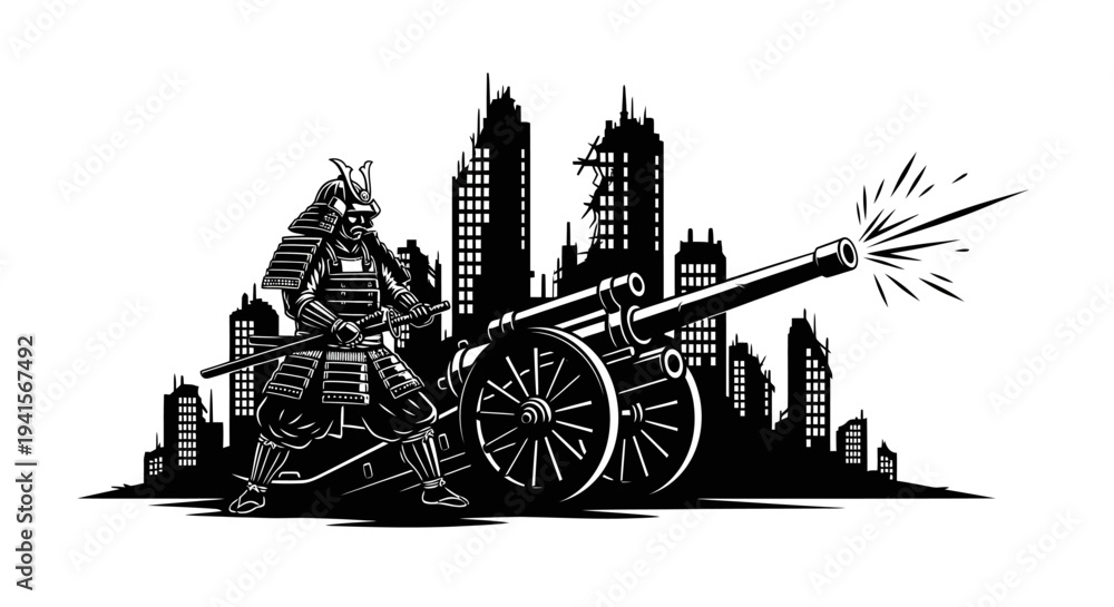 Obraz premium Samurai Warrior with Cannon in Ruined Cityscape, Futuristic War Concept