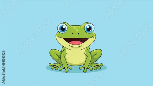 Happy green frog character with large blue eyes sits cheerfully with its mouth wide open, set against a simple light blue background.