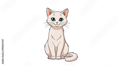 Elegant white cat character with stunning blue eyes and a gentle smile sits upright, featuring long whiskers and a soft, clean appearance.