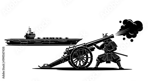 Samurai Warrior Firing Cannon at Aircraft Carrier - Historical Warfare Meets Modern Technology