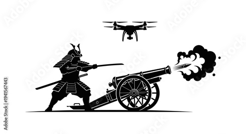 Samurai Warrior Firing Cannon with Drone Overhead