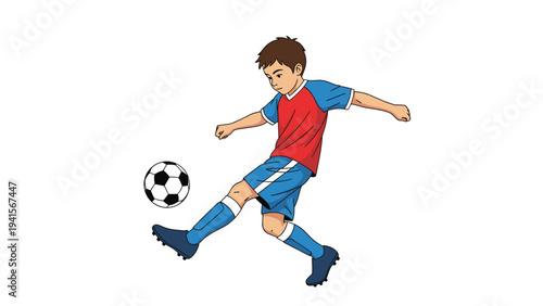 Energetic young boy wearing a red and blue soccer kit performs a powerful kick on a black and white ball while in motion over white.