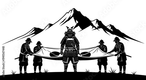 Samurai Warrior Standing Proudly with His Retainers Carrying a Stretcher Against Mountain Backdrop