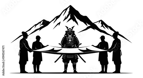 Samurai Warrior Unveils Mountain Landscape with Attendants
