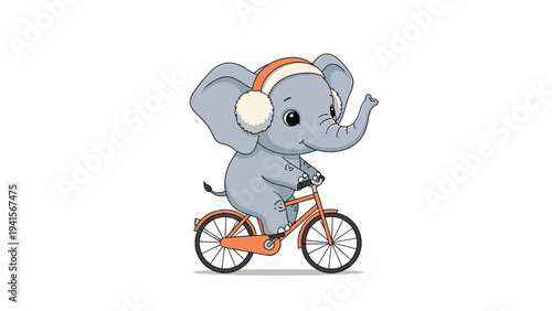 Playful grey baby elephant wearing fluffy white and orange earmuffs rides a small orange bicycle across a plain white background surface.