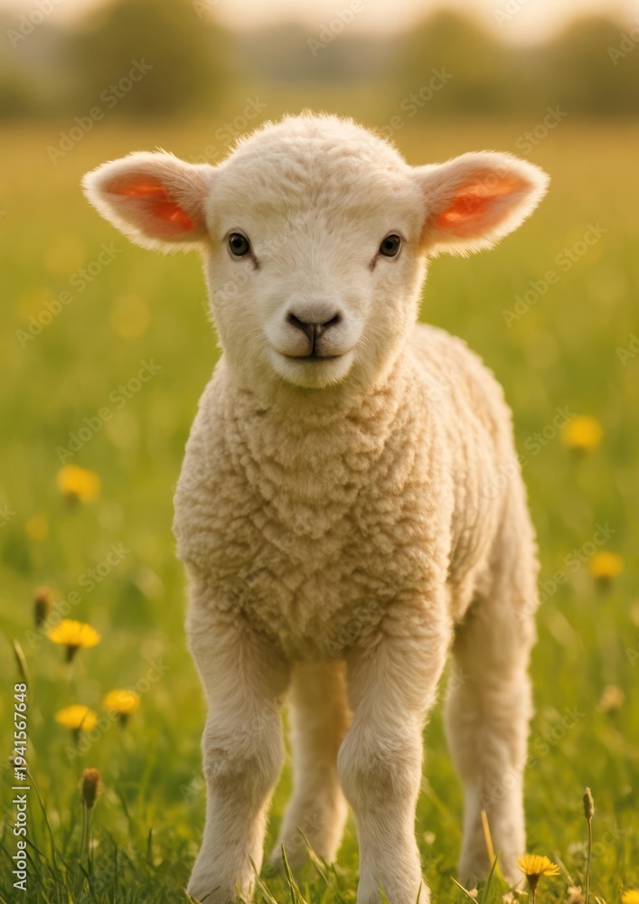 Fototapeta premium Adorable lamb in sunny meadow.