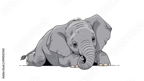 Tiny grey baby elephant character with large ears lies down on the ground with a tired or sad expression on its face in cartoon style.