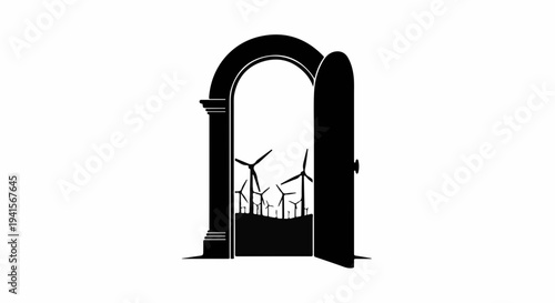 Open doorway reveals a landscape of wind turbines, symbolizing sustainable energy.