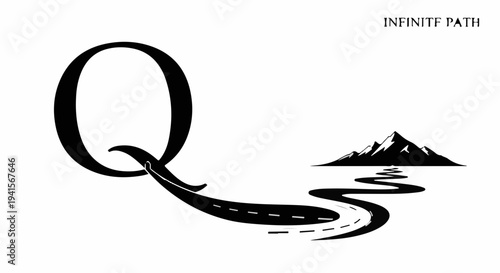 A winding road emerges from a large letter Q, leading towards distant mountains under a clear sky.