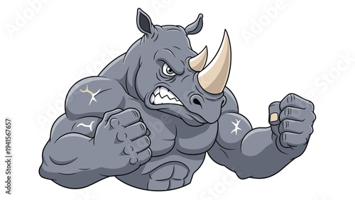 Muscular grey rhinoceros character shows its strength with clenched fists and a fierce expression, depicting a powerful fighter rhino.