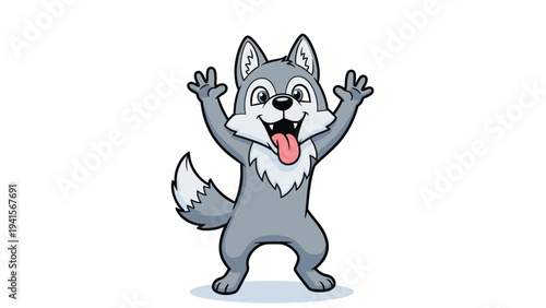 Joyful grey wolf character jumps with excitement, featuring its arms raised high and tongue hanging out in a playful expression on white.
