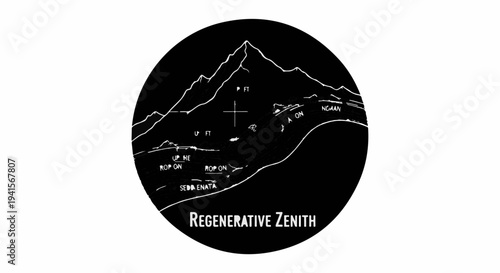 Abstract circular illustration of a mountain range with a stylized map overlay and the text 'Regenerative Zenith'