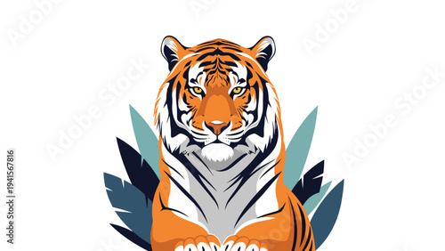 Majestic tiger looking forward with a serious expression, surrounded by stylized tropical leaves in an artistic illustration.