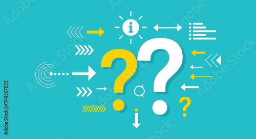 Abstract illustration with question marks arrows and a sun icon on a teal background a modern silhouette high quality professional detailed