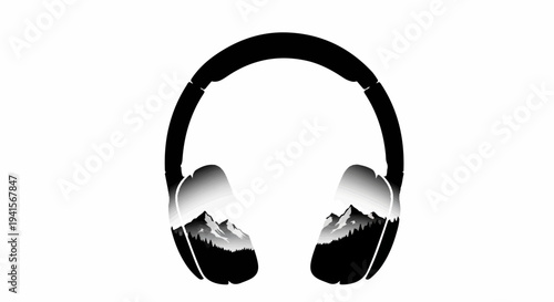Immersive headphones blend sound and nature with a majestic mountain landscape reflection.