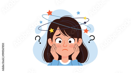 Young girl looking confused and dizzy with stars circling her head and question marks on the sides, conveying feeling unwell.