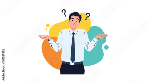 Businessman looking confused and shrugging his shoulders with question marks appearing above his head in a colorful background.