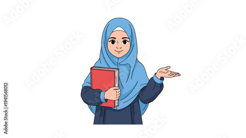 Young Muslim girl student wearing a blue hijab and holding a red book while gesturing with her hand for a presentation.
