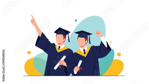 Two male graduating students wearing caps and gowns, holding diplomas and celebrating their academic success with joy.