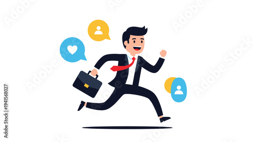 Energetic businessman running with a briefcase and surrounded by social media like and follow icons, symbolizing success.
