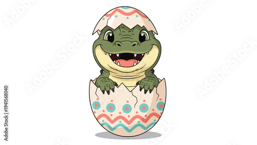 Cute baby crocodile hatching from a decorated egg, adorable reptile character illustration perfect for kids and nursery art.
