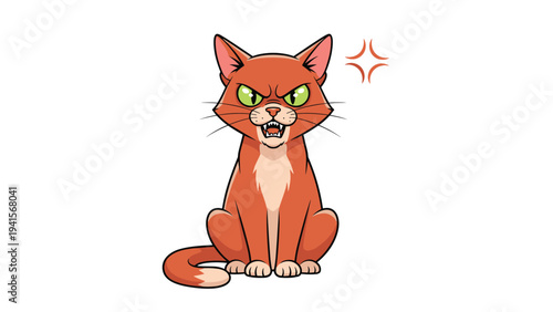 Grumpy orange cat with an angry facial expression and bared teeth, feline animal emotion illustration on a white background.