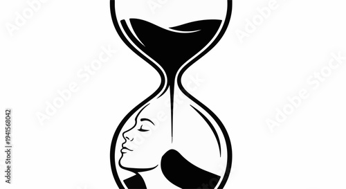 Woman's serene profile emerging from flowing sand within an hourglass