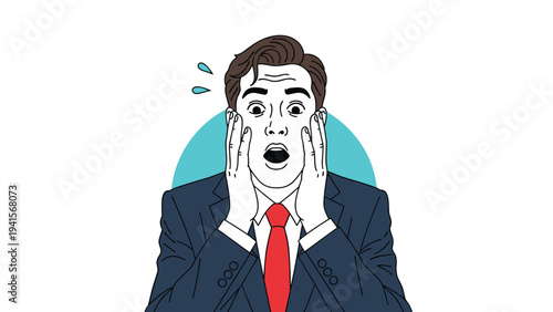 Businessman looking extremely shocked and surprised with his hands on his face and an open mouth, conveying disbelief.