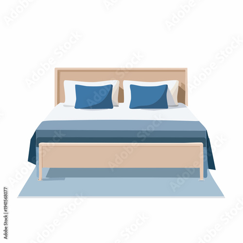 Comfortable bed with pillows and duvet on a light blue rug, modern bedroom furniture
