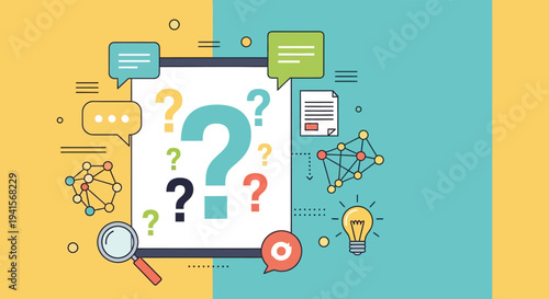 A colorful illustration depicting questions and problem solving concepts with a dark figure silhouette high quality professional detailed modern elegant stylish clean