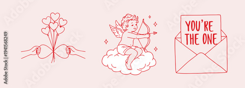 Adorable Valentine's Day elements including heart balloons cupid and a romantic love letter