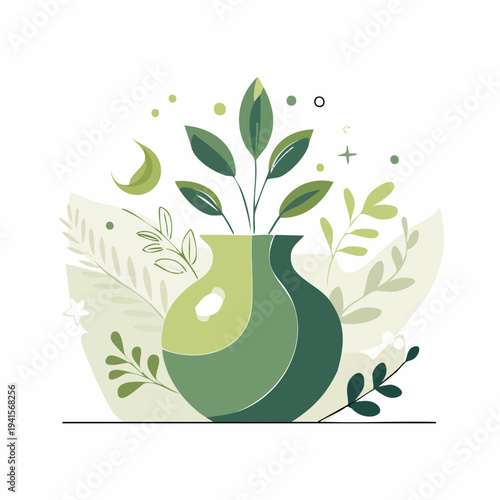 Artistic Flat Design of a Lush Green Plant in a Decorative Vase, Botanical Home Accent