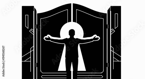 Silhouette of a person with open arms standing before a grand gate shaped like a keyhole, symbolizing opportunity and access.