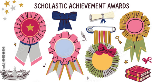 A charming collection of colorful scholastic achievement awards and recognition elements for students