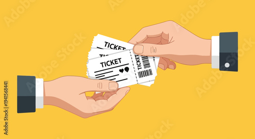 Two hands exchanging multiple tickets against a vibrant yellow backdrop showcasing a flat vector style silhouette high quality professional detailed modern