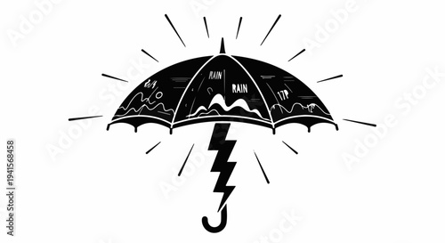 Umbrella protecting from storm with lightning and rain charts, symbolizing security and risk management.