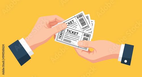 Hands exchanging several event tickets against a bright yellow background presented in a flat design silhouette high quality professional detailed modern