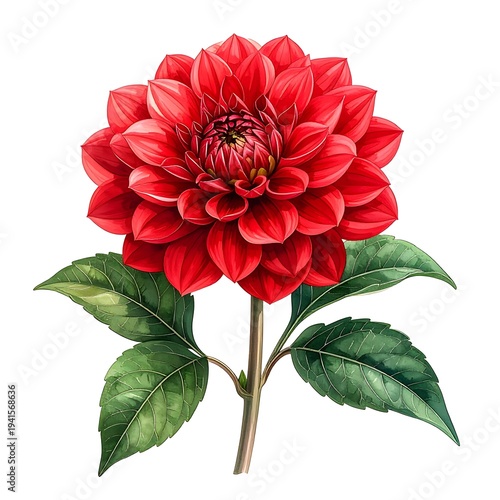 Vibrant red dahlia flower with multiple layers of petals, paired with its green leaves, on a white background