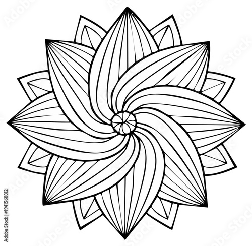 Intricate Black and White Floral Mandala Design with Swirling Petals and Geometric Patterns