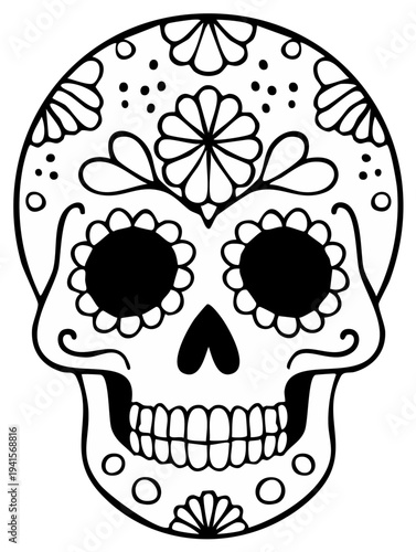 Ornate Black and White Sugar Skull Illustration with Floral and Dot Patterns