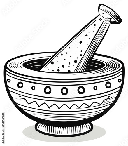Illustration of a mortar and pestle for grinding spices or herbs