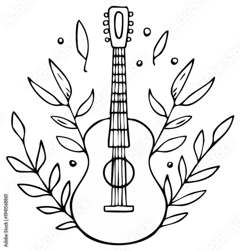 Artistic Outline of an Acoustic Guitar Surrounded by Delicate Leaves and Dots