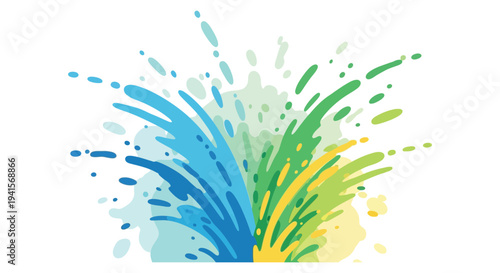 An abstract explosion of vibrant blue green and yellow watercolor paint forming a dynamic burst silhouette high quality professional detailed modern