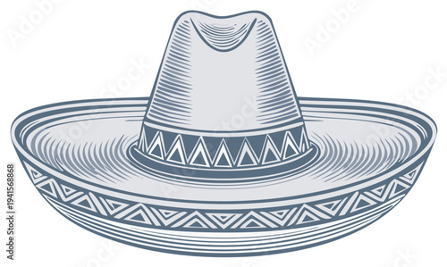 Engraved style illustration of traditional sombrero with decorative band and geometric patterns in muted blue tones