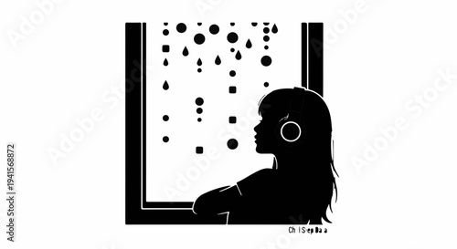 Silhouette of a young girl with headphones looking out a window at falling raindrops