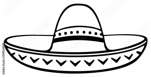Traditional Mexican sombrero illustration, wide brim headwear, stylized outline, festive fashion object.