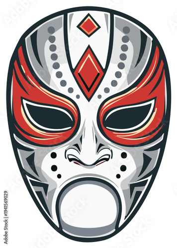 Hockey mask illustration with red accents and ventilation holes design