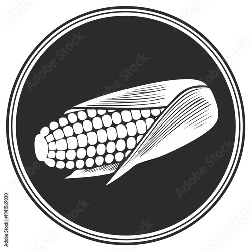 Stylized Illustration of a Corn Cob with Husk in a Circle Emblem